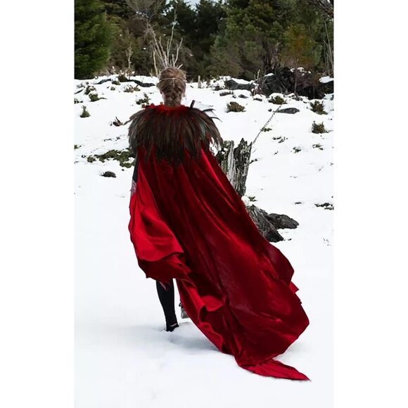 Women Classic Witch Costume and Natural Feather Cape Halloween Witchy Cloak - Picture 4 of 7